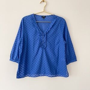 TALBOTS NWOT Cobalt Blue Light Weight Swiss Dot V-neck Ruffle Blouse